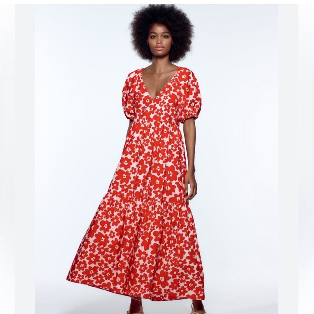 Zara red floral maxi dress